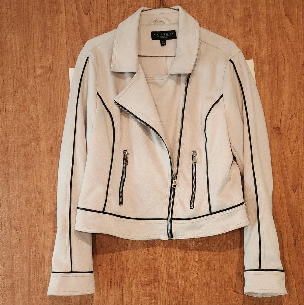 Laundry By Shelli Segal Cream Faux Leather Moto Jacket with Black Piping